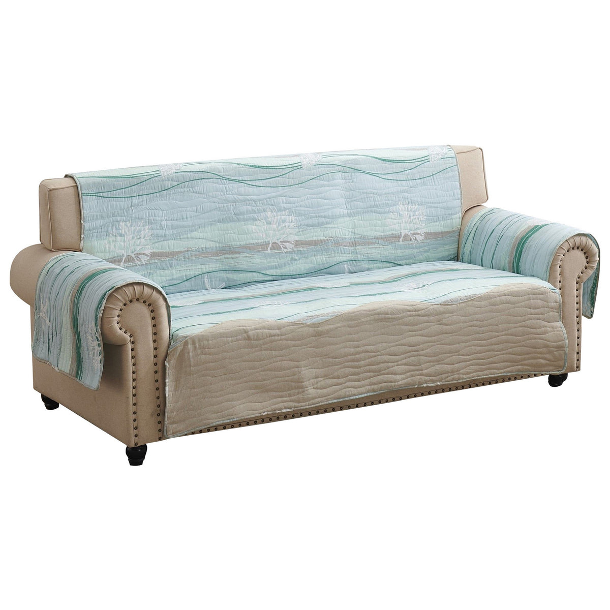 Niha 127 Inch Sofa Cover, Ocean Wave Print And Quilting, Border, Multicolor