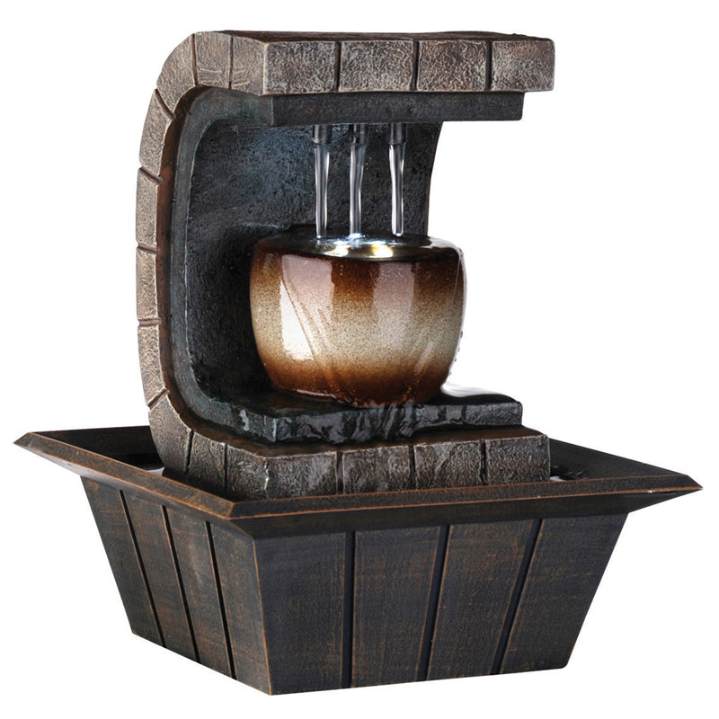 C Shaped Polyresin Frame Fountain With Tapered Base And Led Lights, Brown