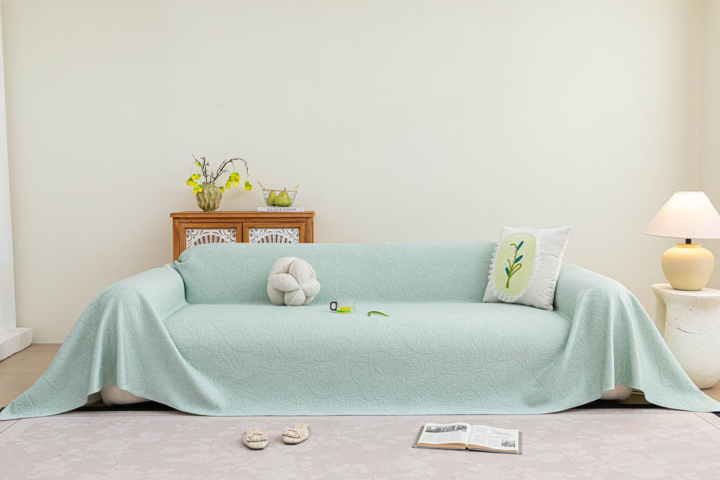 Cooling Embossed Botanical Couch Cover, Soft Ice Silk Furniture Protector for Sofa