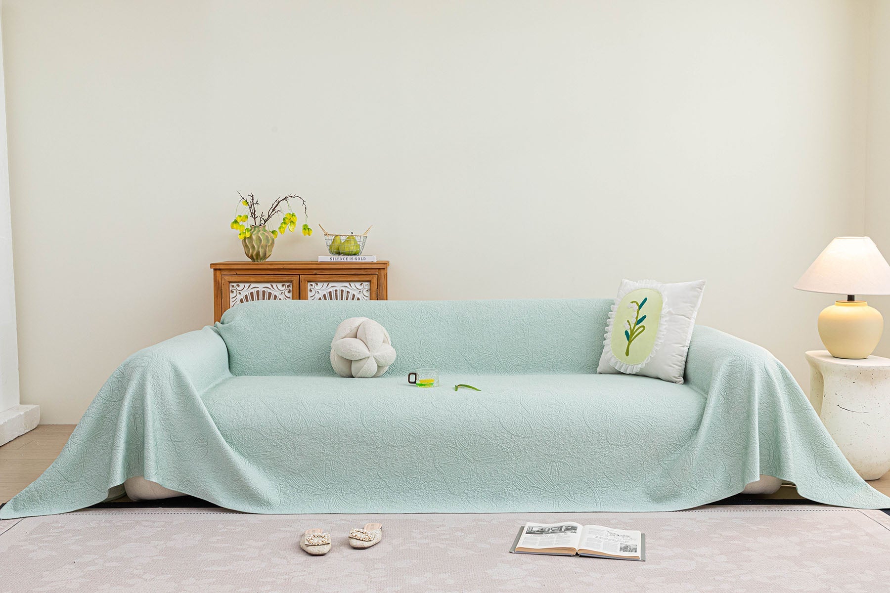 Cooling Embossed Botanical Couch Cover, Soft Ice Silk Furniture Protector for Sofa