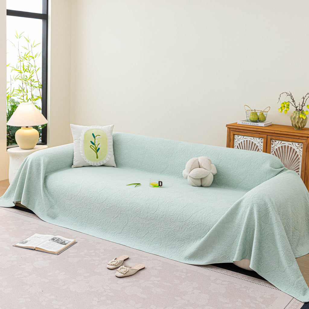 Cooling Embossed Botanical Couch Cover, Soft Ice Silk Furniture Protector for Sofa