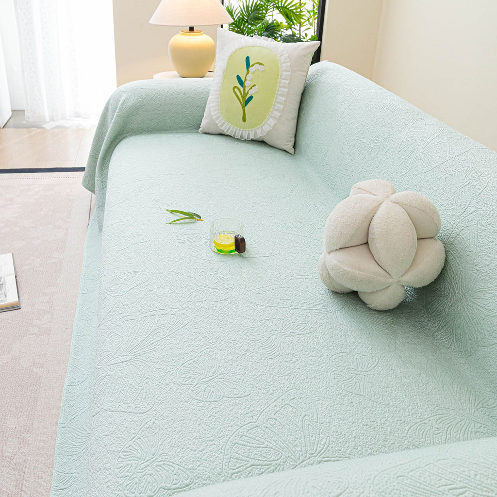 Cooling Embossed Botanical Couch Cover, Soft Ice Silk Furniture Protector for Sofa
