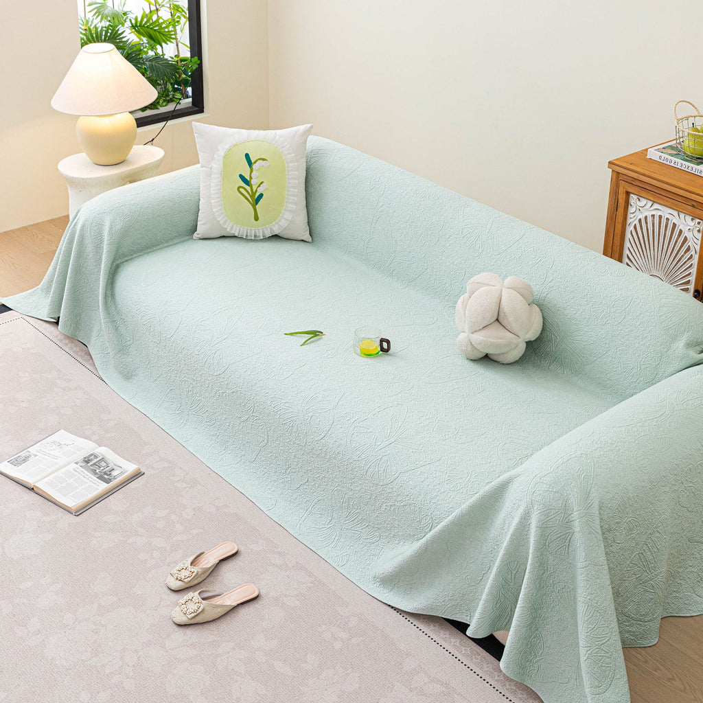 Cooling Embossed Botanical Couch Cover, Soft Ice Silk Furniture Protector for Sofa