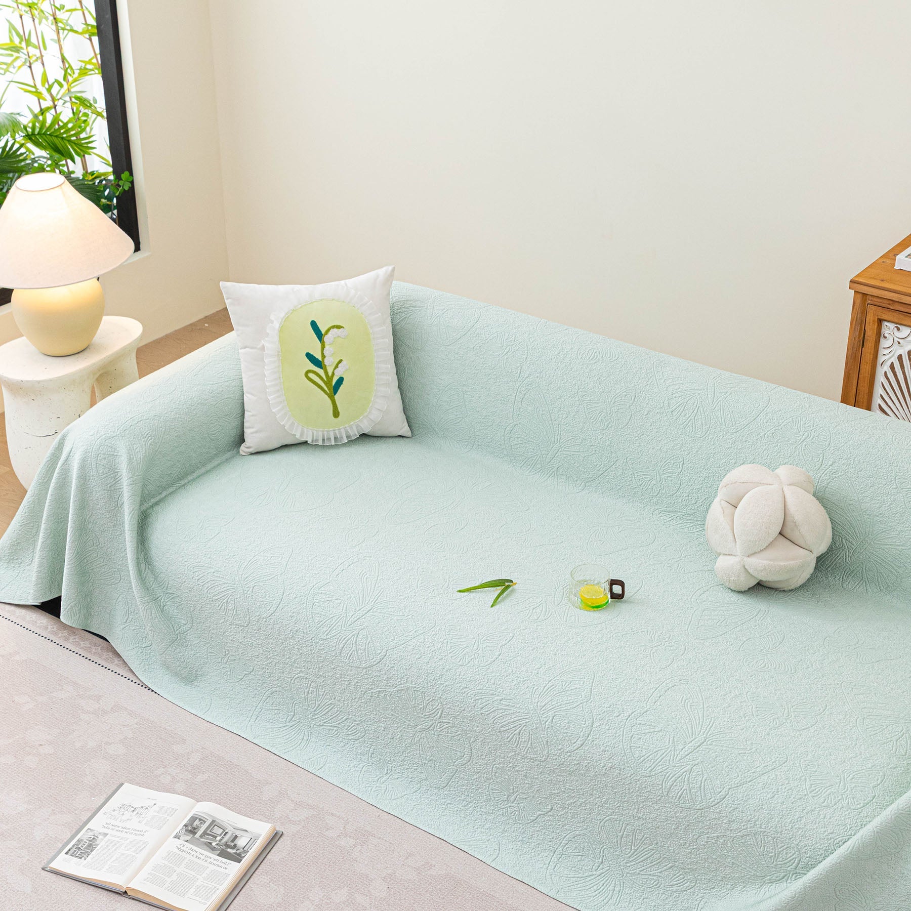 Cooling Embossed Botanical Couch Cover, Soft Ice Silk Furniture Protector for Sofa