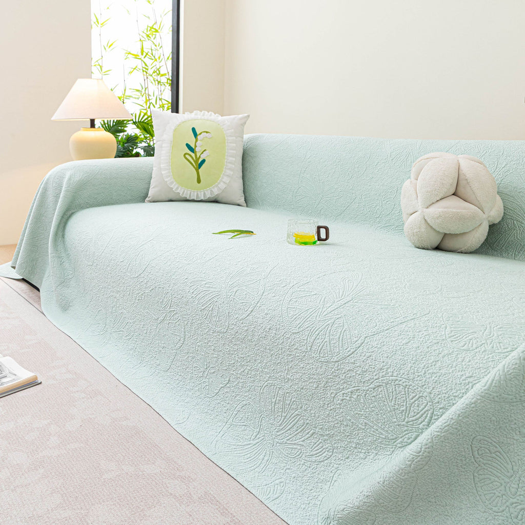 Cooling Embossed Botanical Couch Cover, Soft Ice Silk Furniture Protector for Sofa
