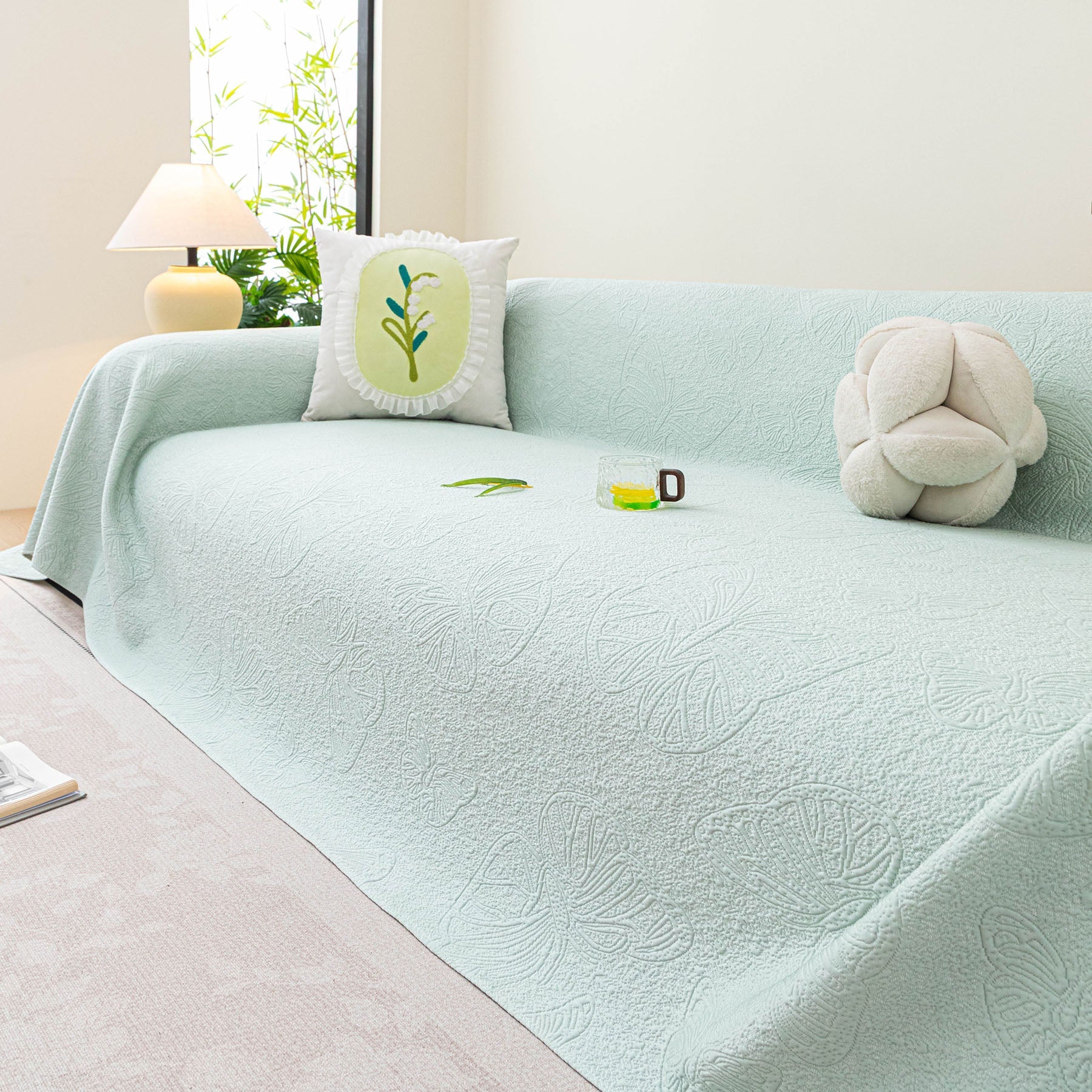 Cooling Embossed Botanical Couch Cover, Soft Ice Silk Furniture Protector for Sofa