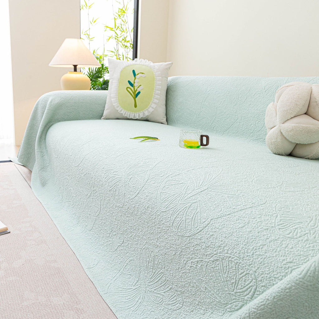 Cooling Embossed Botanical Couch Cover, Soft Ice Silk Furniture Protector for Sofa