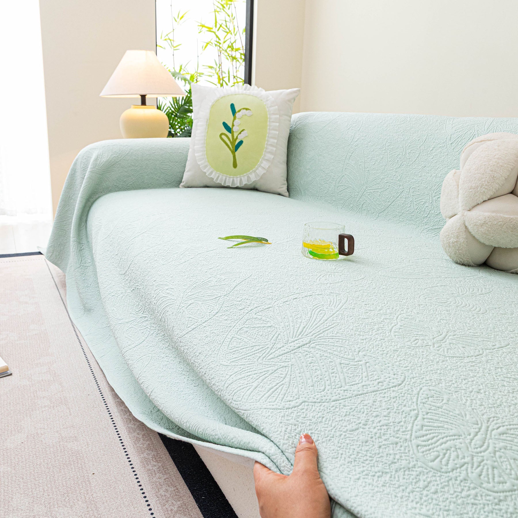 Cooling Embossed Botanical Couch Cover, Soft Ice Silk Furniture Protector for Sofa