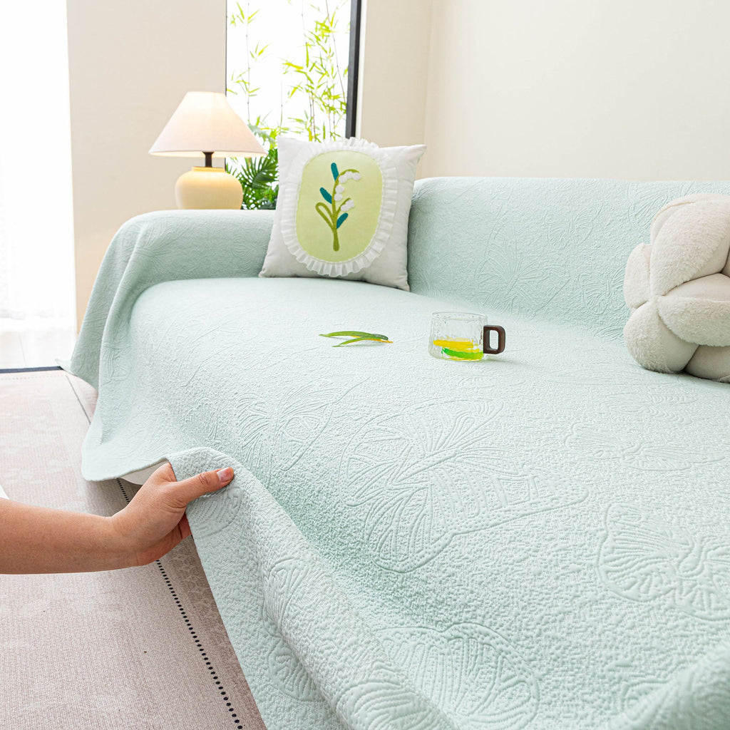 Cooling Embossed Botanical Couch Cover, Soft Ice Silk Furniture Protector for Sofa