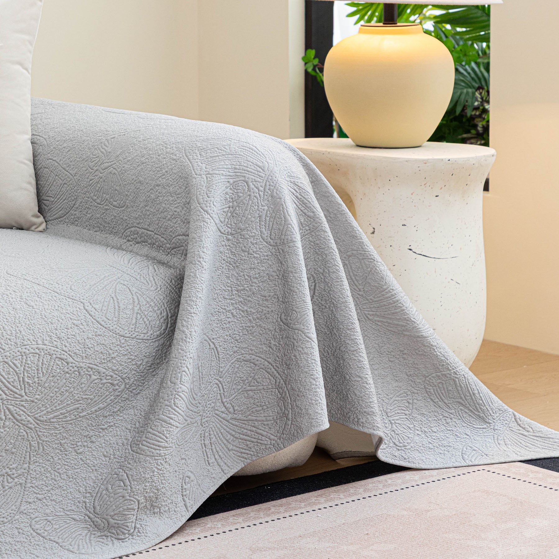 Cooling Embossed Botanical Couch Cover, Soft Ice Silk Furniture Protector for Sofa