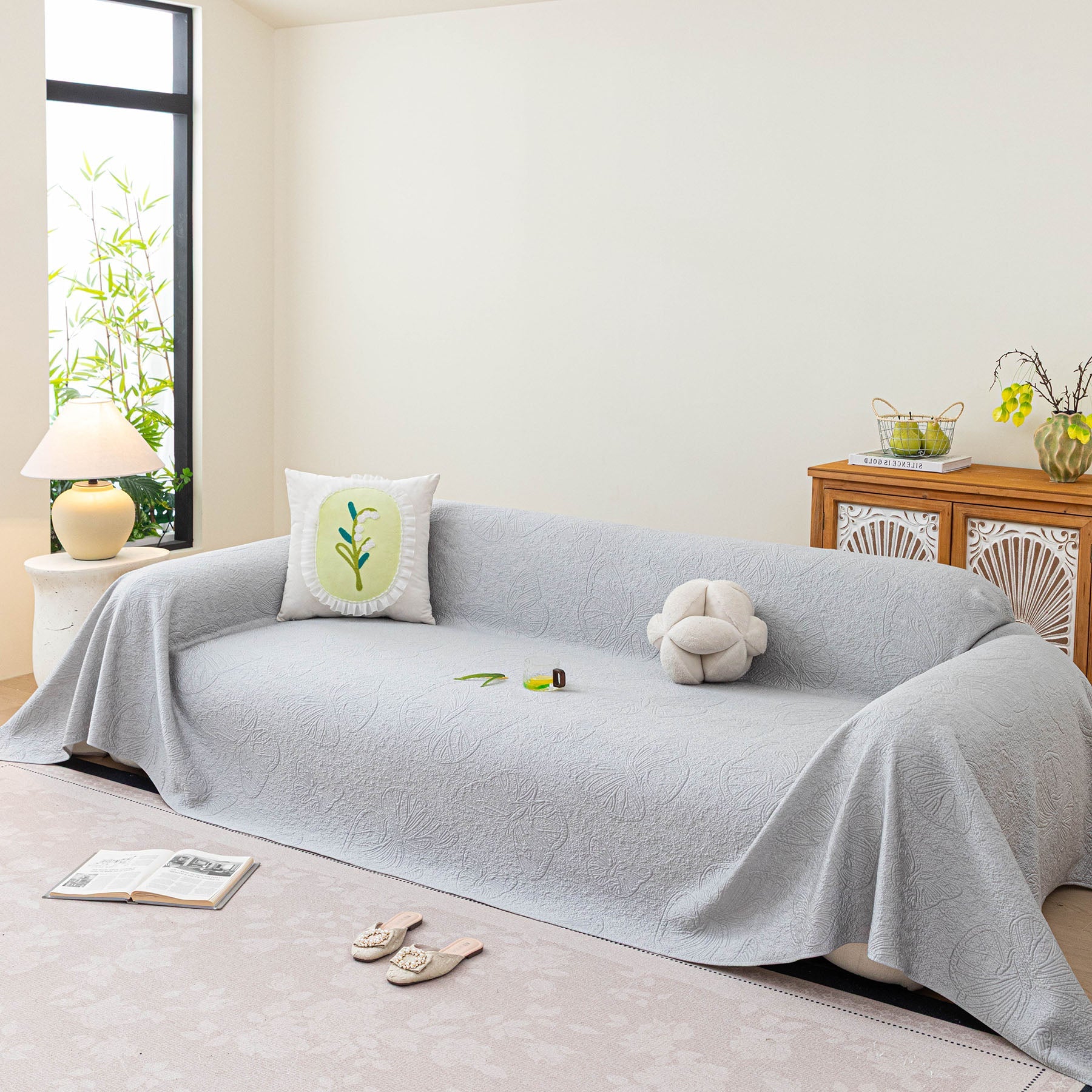 Cooling Embossed Botanical Couch Cover, Soft Ice Silk Furniture Protector for Sofa