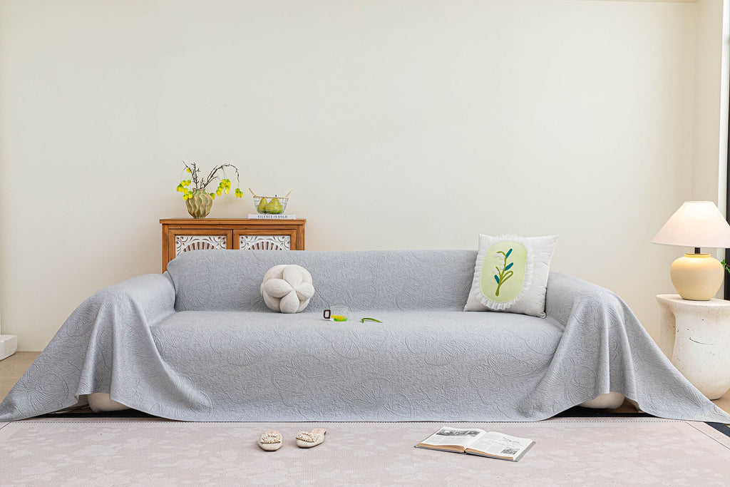 Cooling Embossed Botanical Couch Cover, Soft Ice Silk Furniture Protector for Sofa