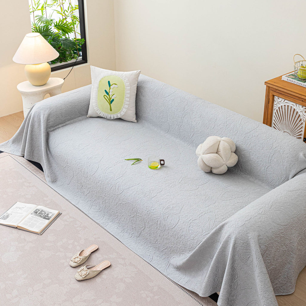 Cooling Embossed Botanical Couch Cover, Soft Ice Silk Furniture Protector for Sofa