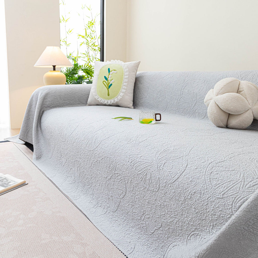 Cooling Embossed Botanical Couch Cover, Soft Ice Silk Furniture Protector for Sofa
