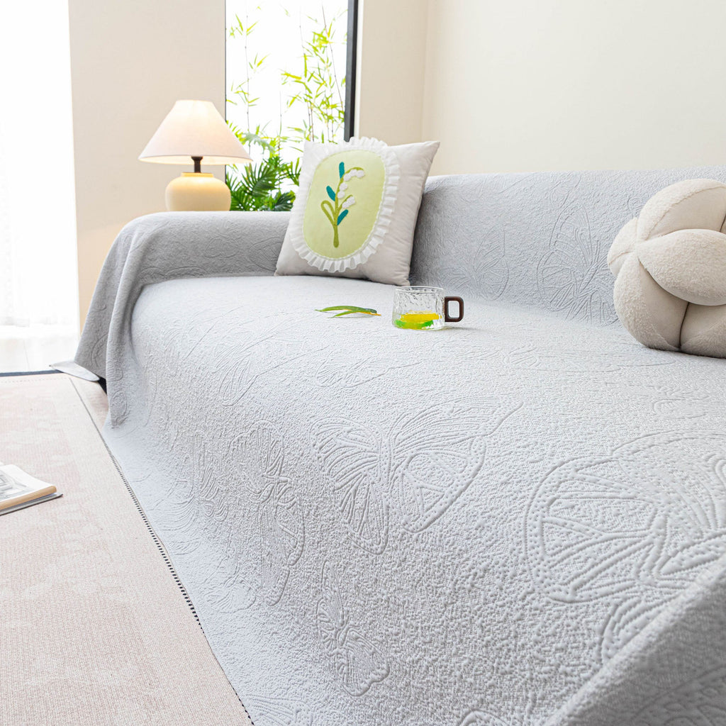 Cooling Embossed Botanical Couch Cover, Soft Ice Silk Furniture Protector for Sofa