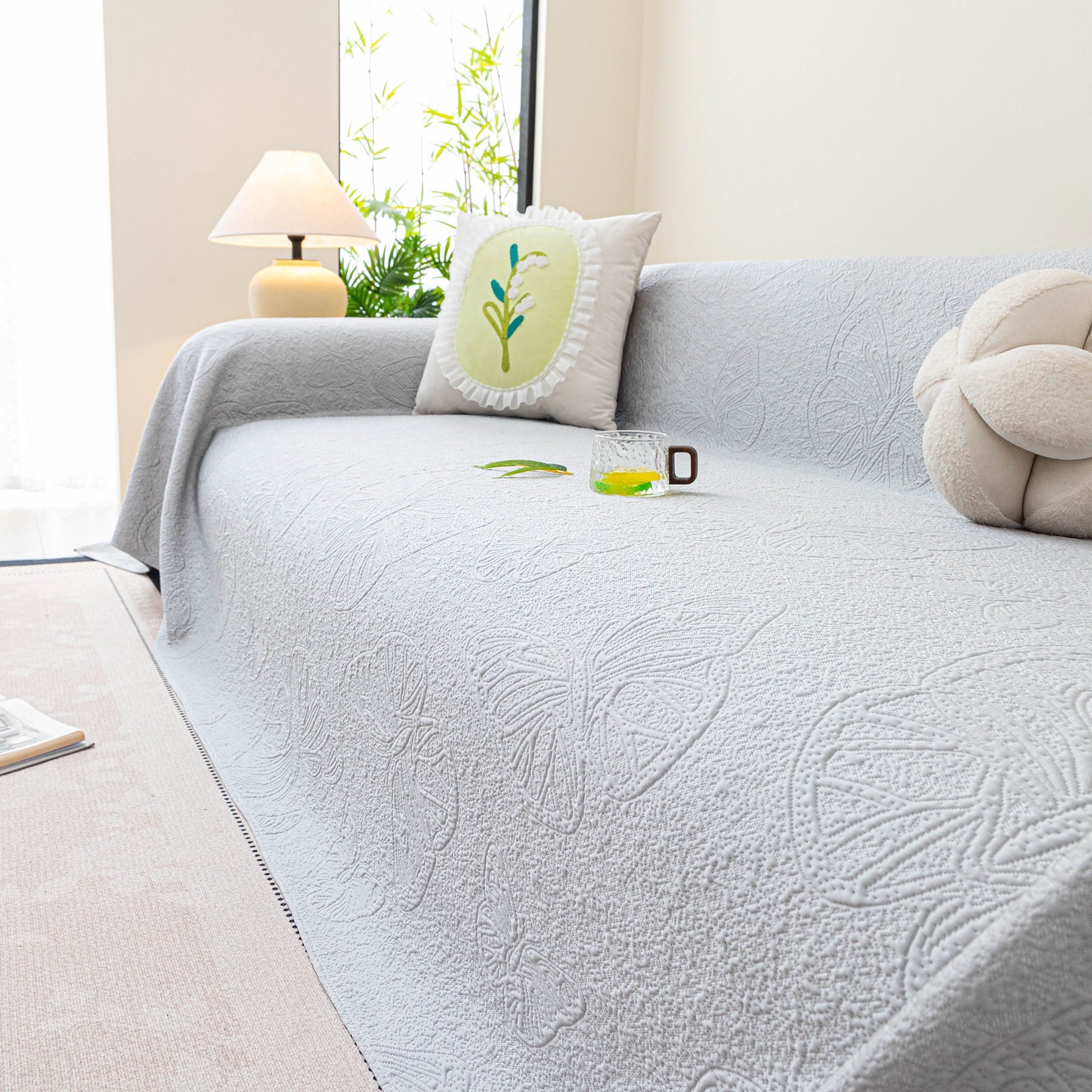 Cooling Embossed Botanical Couch Cover, Soft Ice Silk Furniture Protector for Sofa
