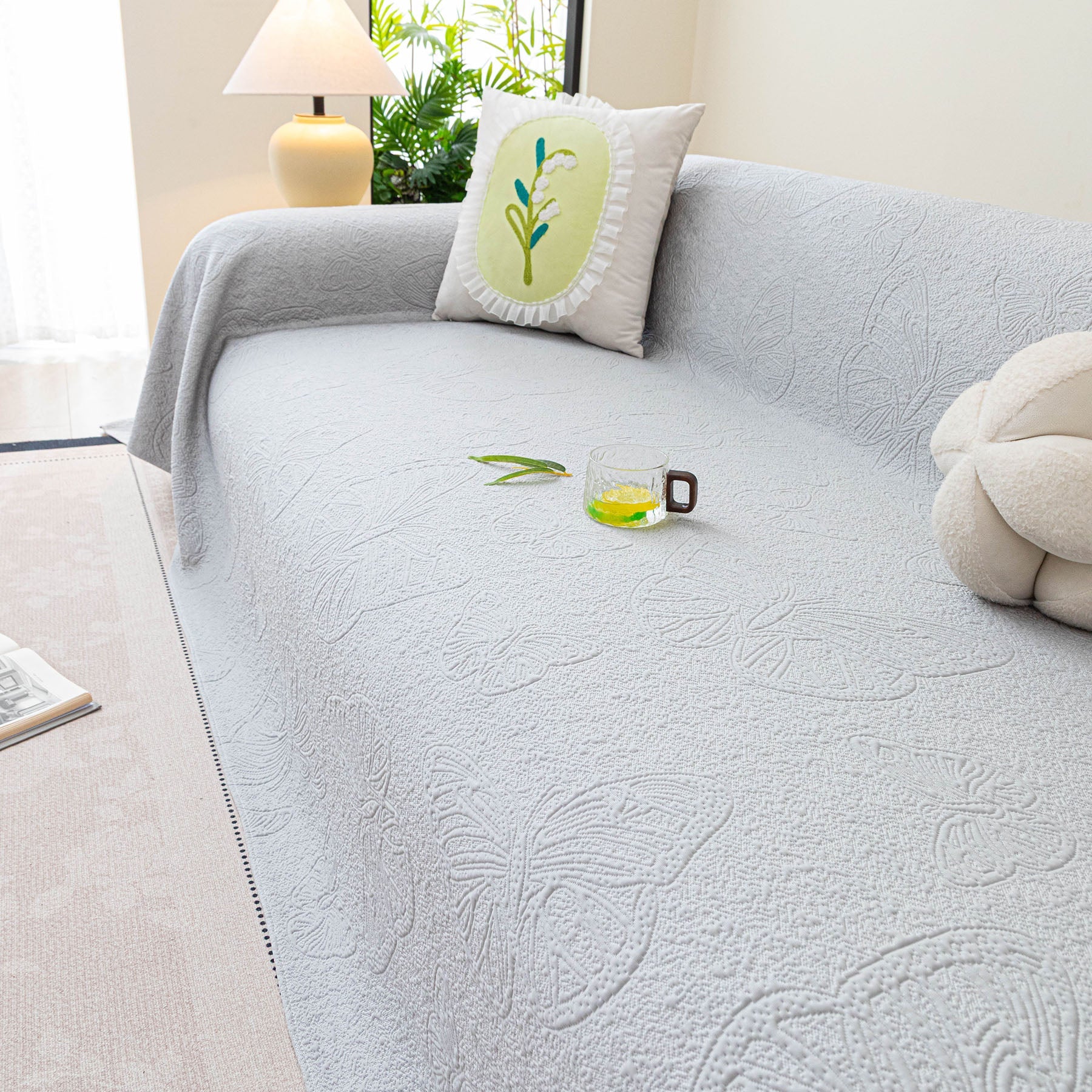 Cooling Embossed Botanical Couch Cover, Soft Ice Silk Furniture Protector for Sofa