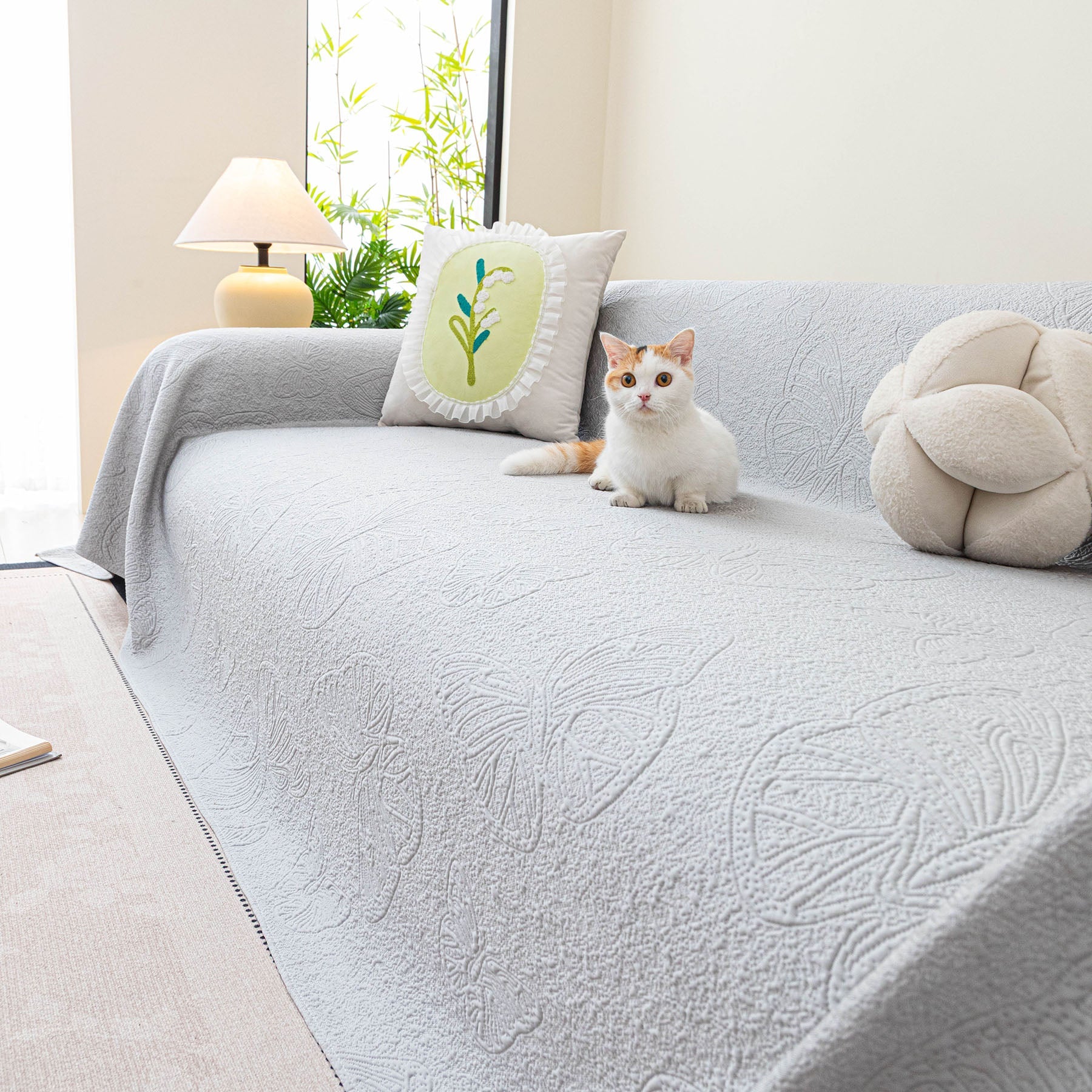 Cooling Embossed Botanical Couch Cover, Soft Ice Silk Furniture Protector for Sofa