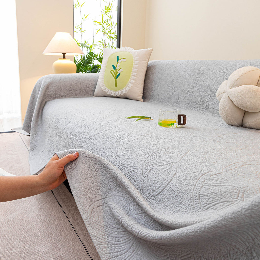 Cooling Embossed Botanical Couch Cover, Soft Ice Silk Furniture Protector for Sofa