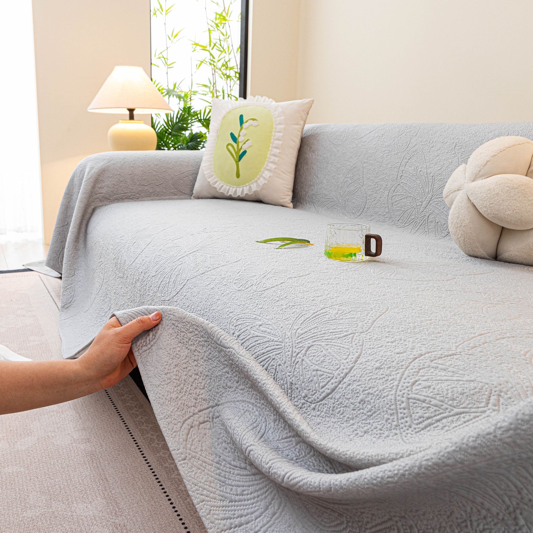 Cooling Embossed Botanical Couch Cover, Soft Ice Silk Furniture Protector for Sofa