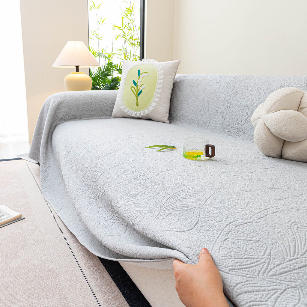 Cooling Embossed Botanical Couch Cover, Soft Ice Silk Furniture Protector for Sofa