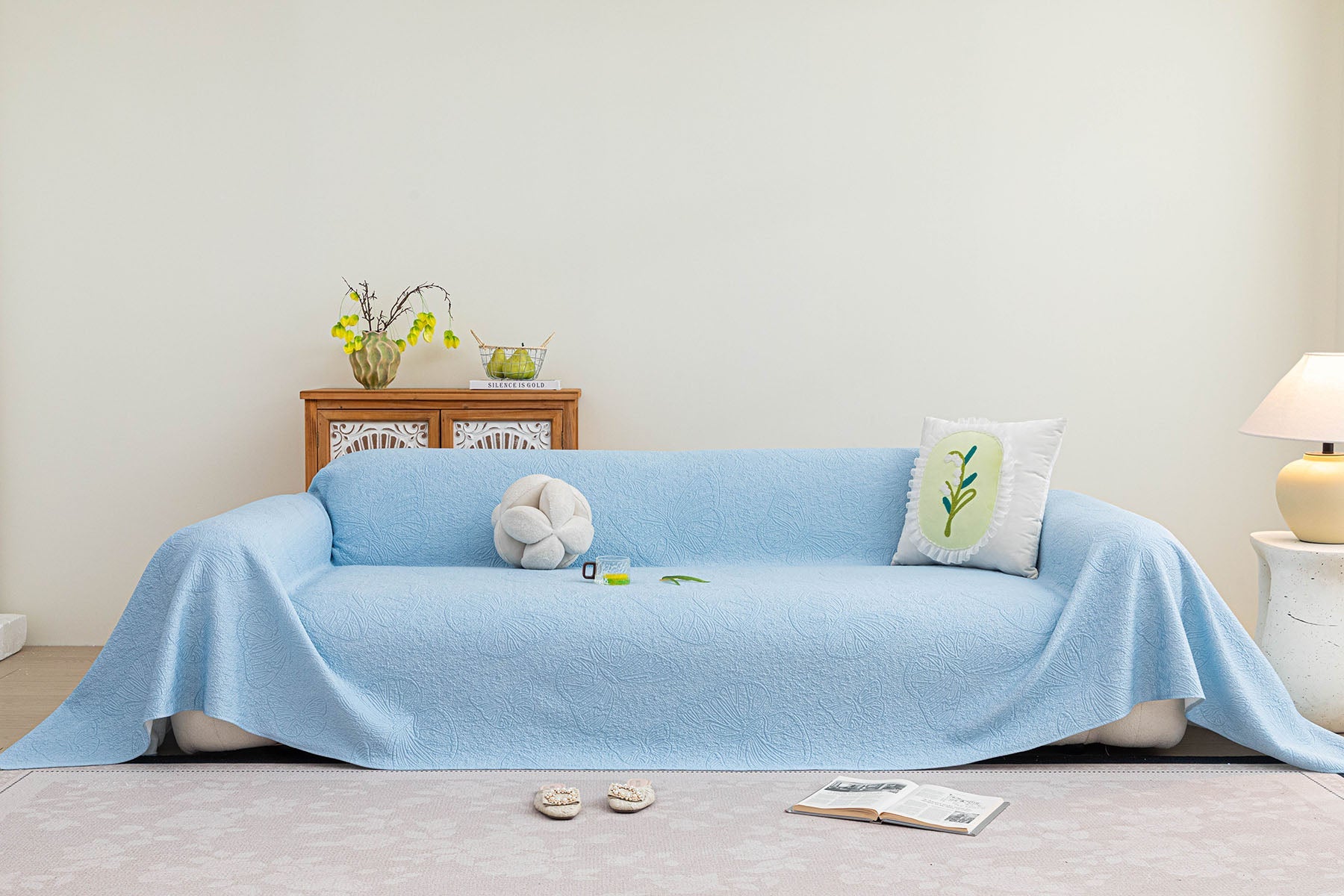 Cooling Embossed Botanical Couch Cover, Soft Ice Silk Furniture Protector for Sofa
