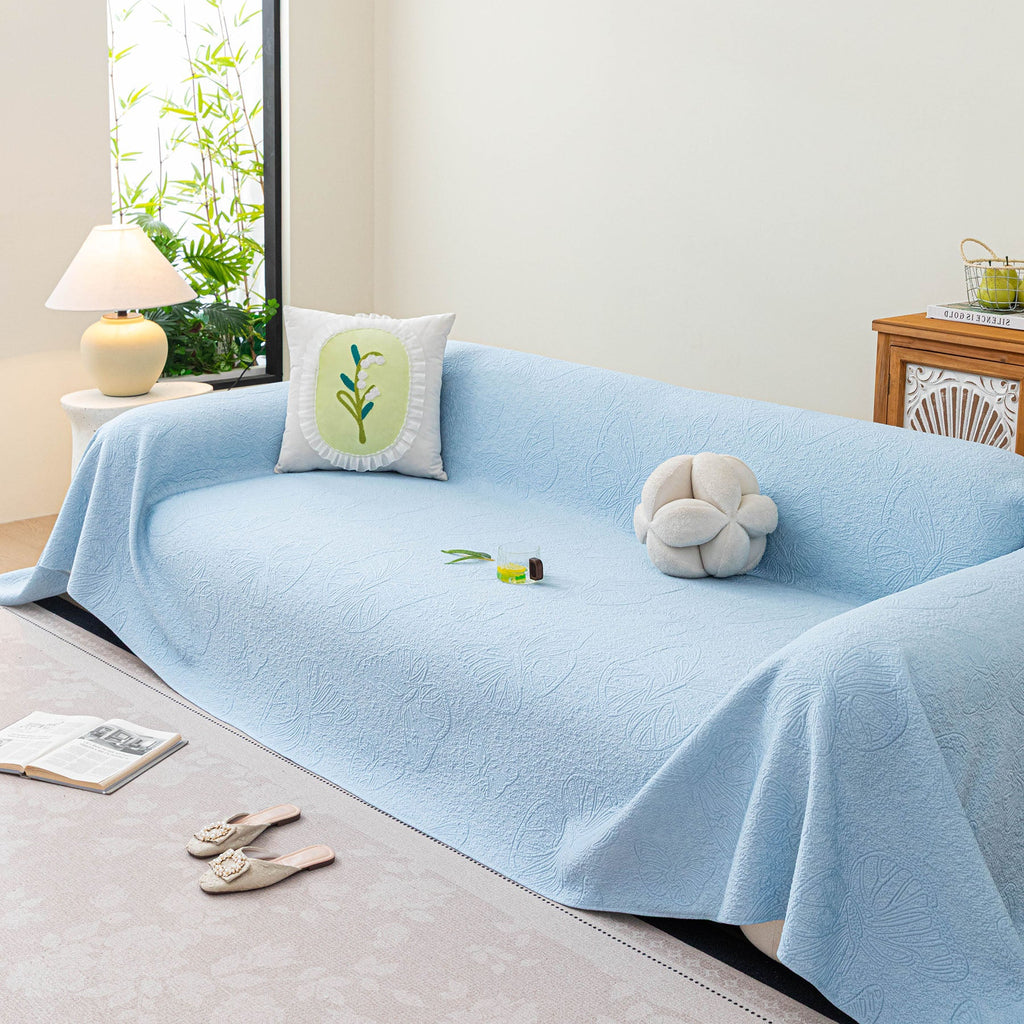 Cooling Embossed Botanical Couch Cover, Soft Ice Silk Furniture Protector for Sofa