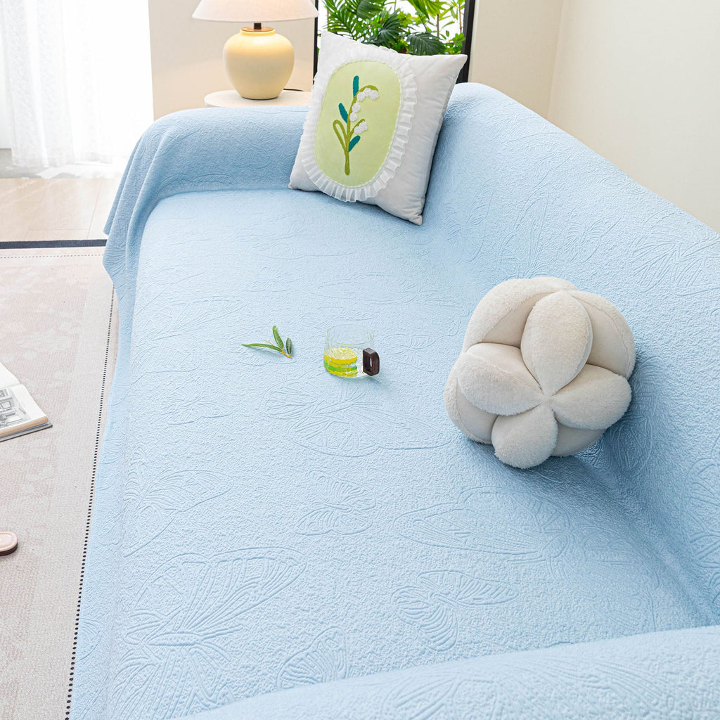 Cooling Embossed Botanical Couch Cover, Soft Ice Silk Furniture Protector for Sofa