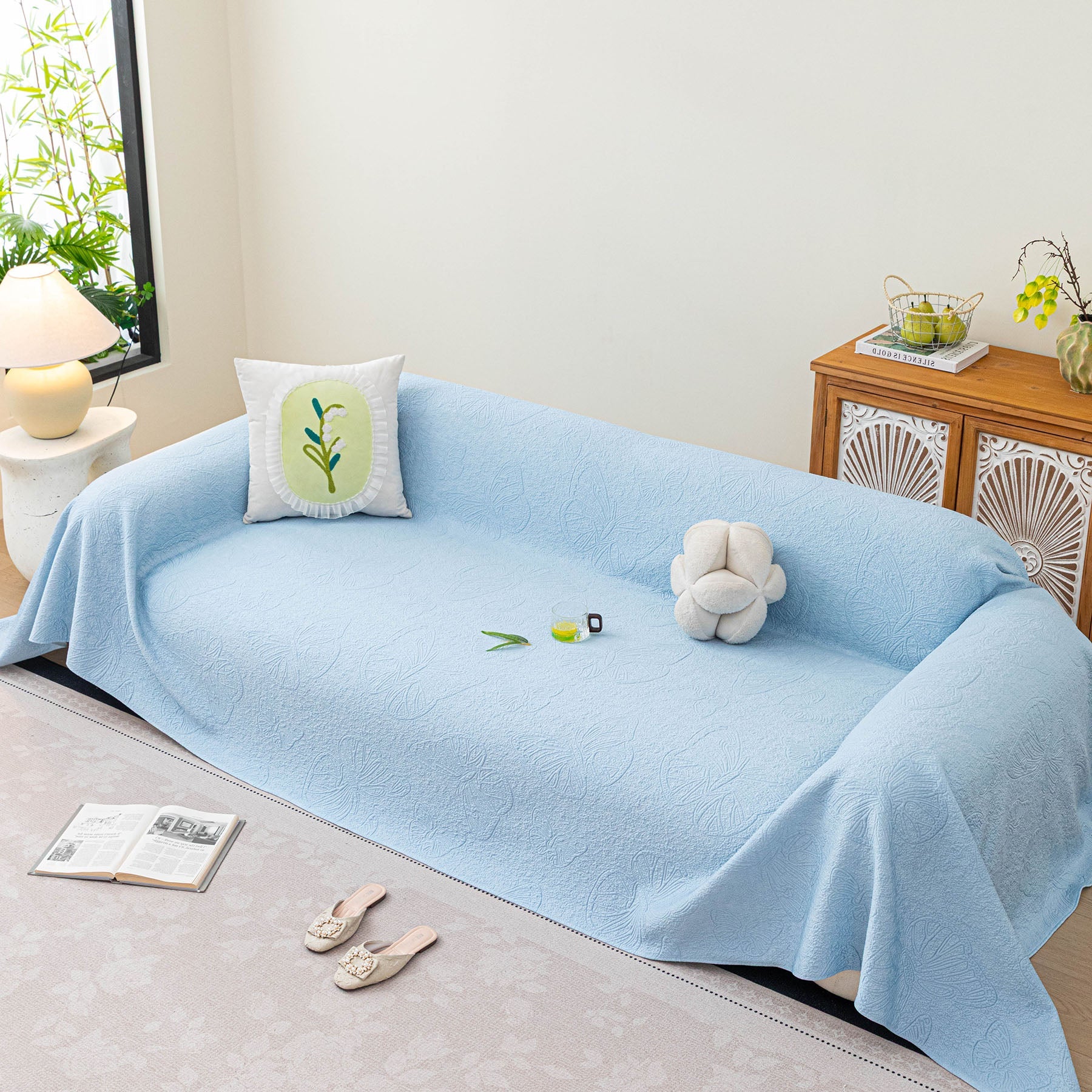 Cooling Embossed Botanical Couch Cover, Soft Ice Silk Furniture Protector for Sofa