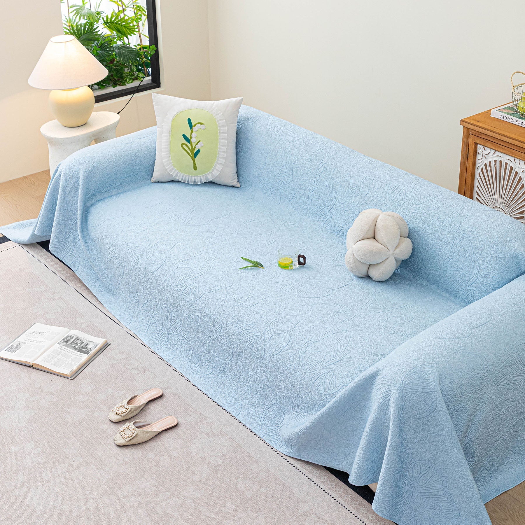 Cooling Embossed Botanical Couch Cover, Soft Ice Silk Furniture Protector for Sofa