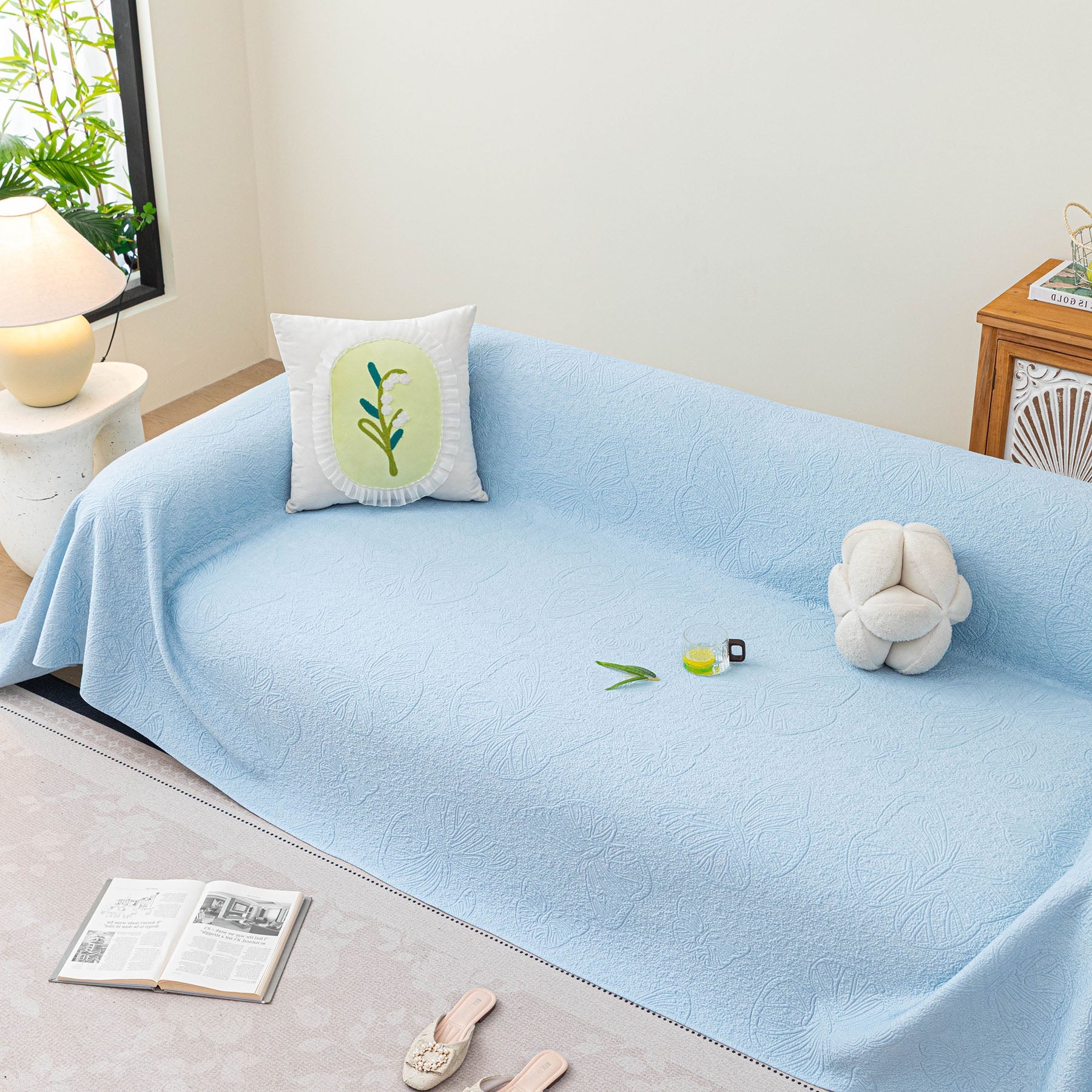 Cooling Embossed Botanical Couch Cover, Soft Ice Silk Furniture Protector for Sofa