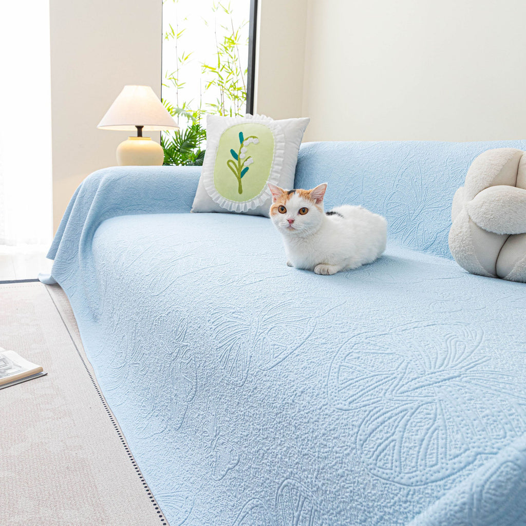 Cooling Embossed Botanical Couch Cover, Soft Ice Silk Furniture Protector for Sofa
