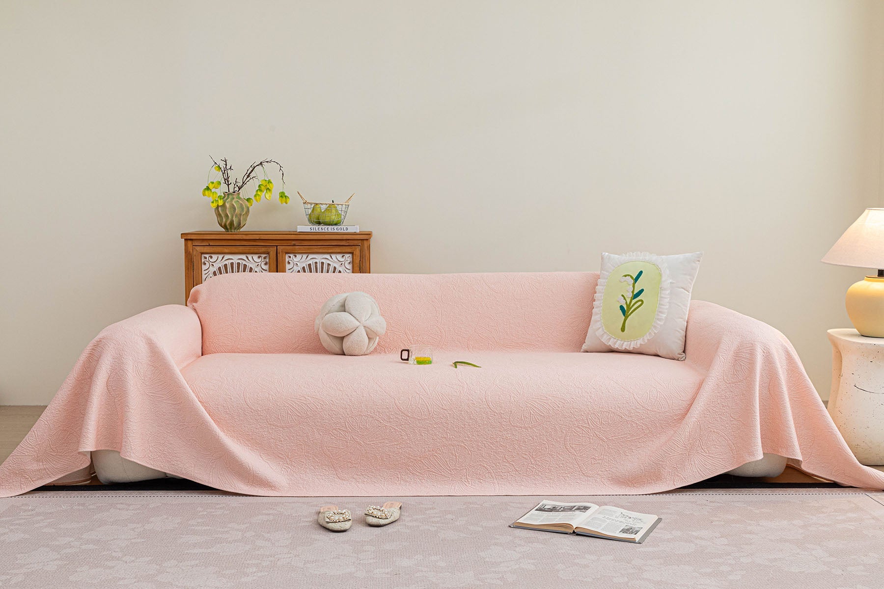 Cooling Embossed Botanical Couch Cover, Soft Ice Silk Furniture Protector for Sofa