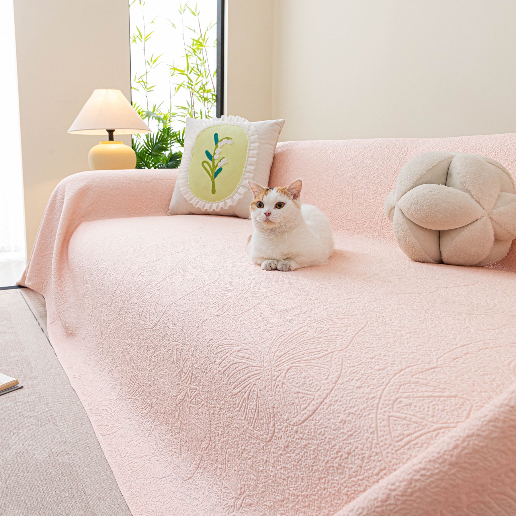 Cooling Embossed Botanical Couch Cover, Soft Ice Silk Furniture Protector for Sofa