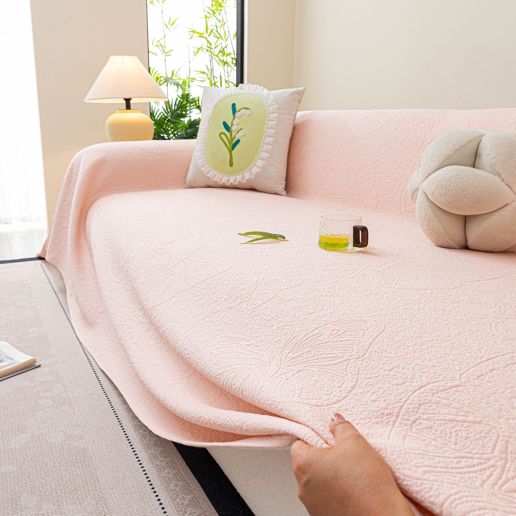 Cooling Embossed Botanical Couch Cover, Soft Ice Silk Furniture Protector for Sofa