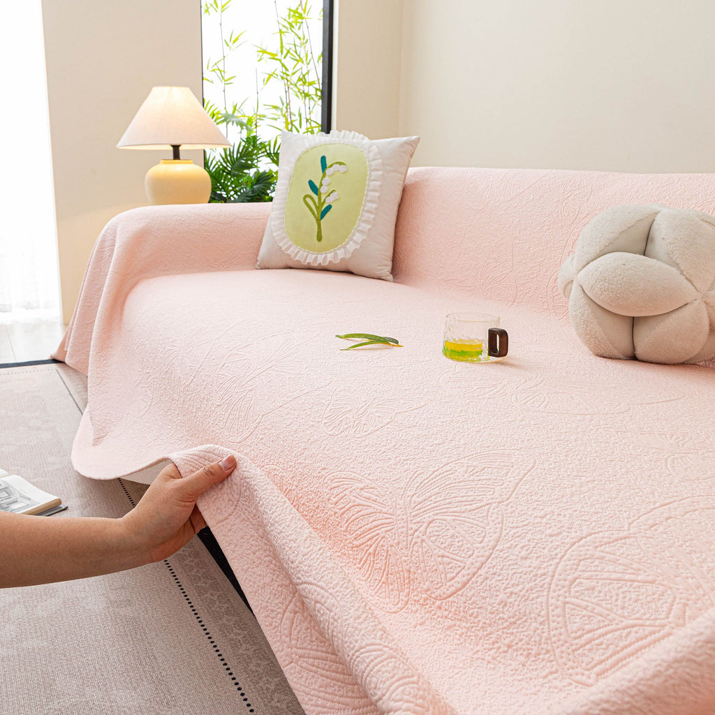 Cooling Embossed Botanical Couch Cover, Soft Ice Silk Furniture Protector for Sofa
