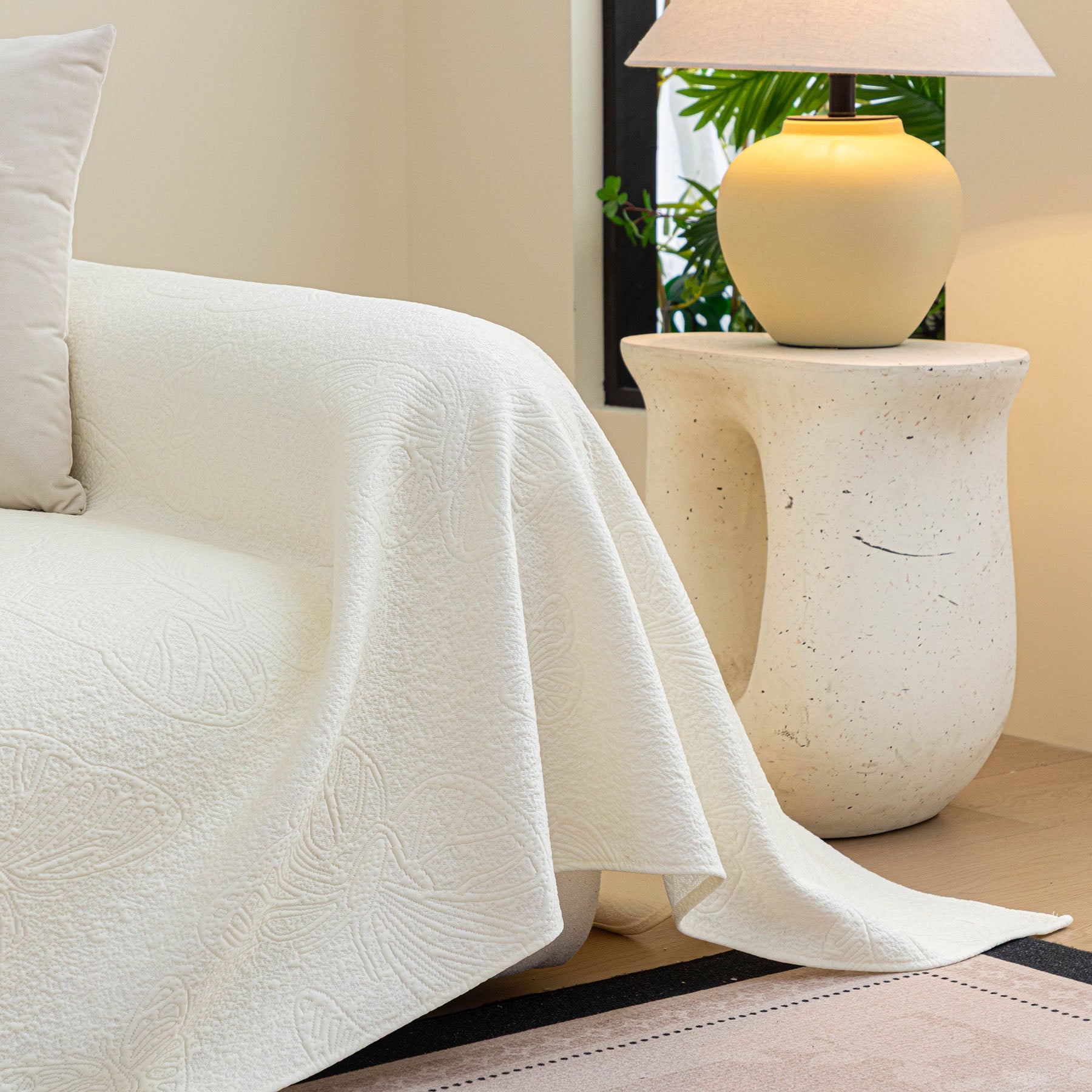 Cooling Embossed Botanical Couch Cover, Soft Ice Silk Furniture Protector for Sofa