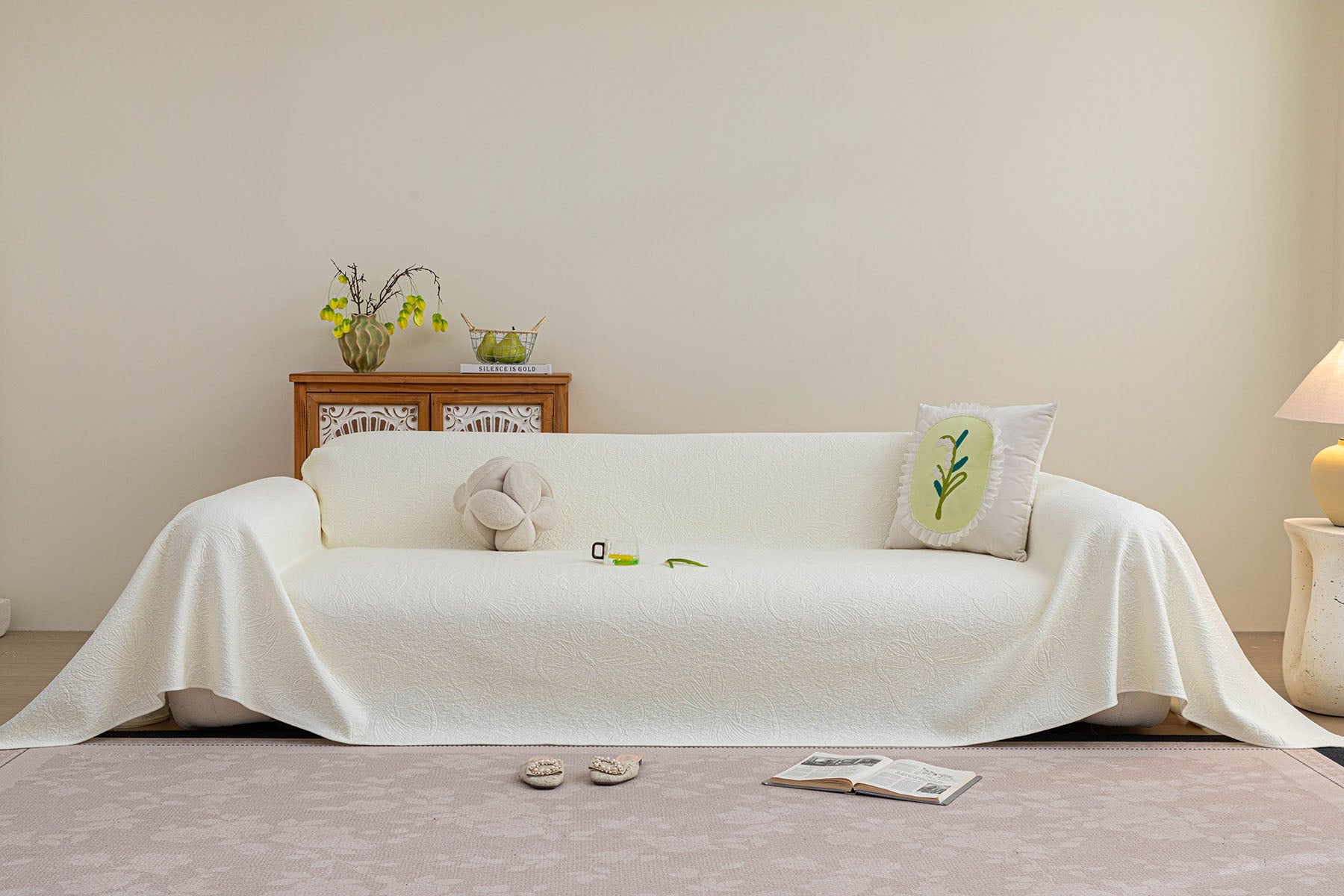Cooling Embossed Botanical Couch Cover, Soft Ice Silk Furniture Protector for Sofa
