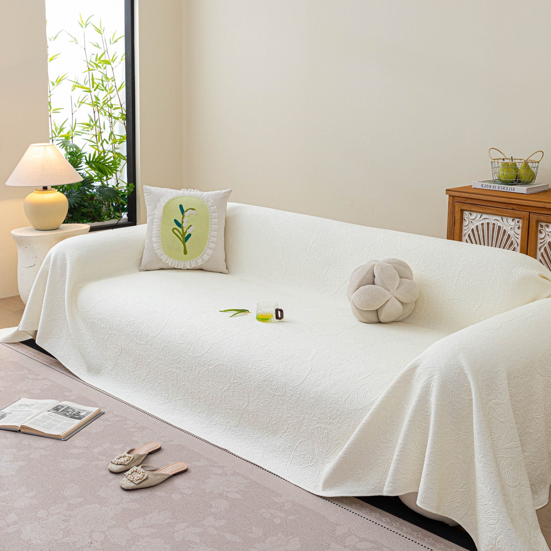 Cooling Embossed Botanical Couch Cover, Soft Ice Silk Furniture Protector for Sofa