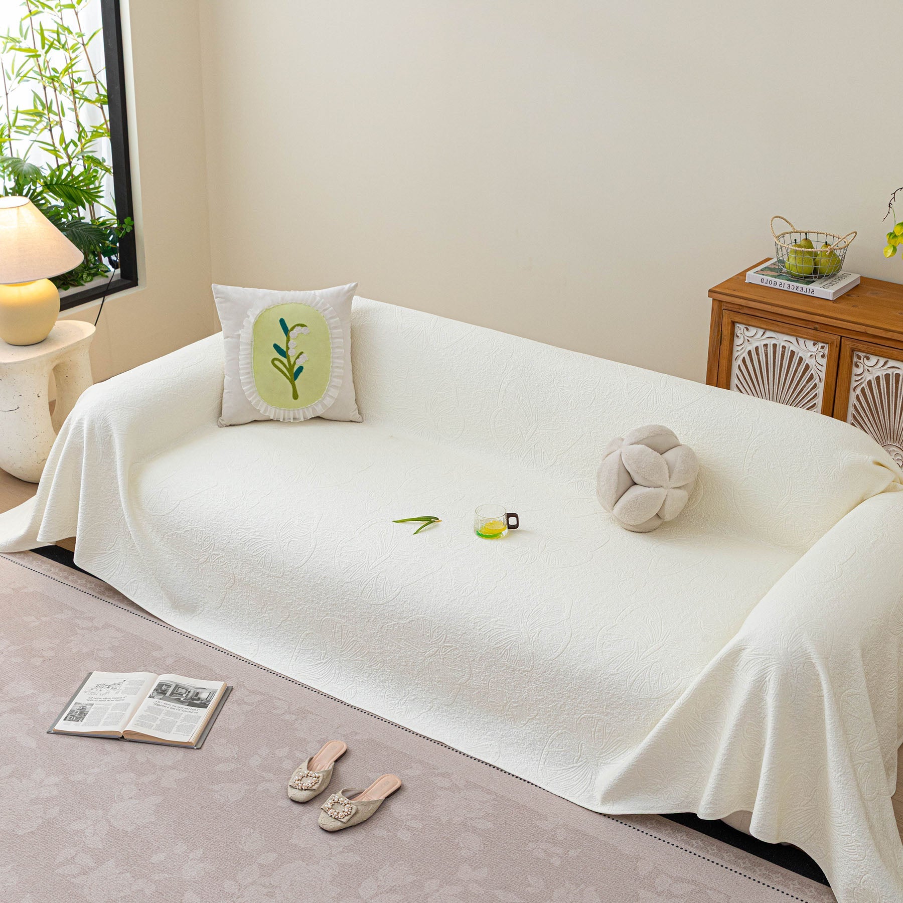 Cooling Embossed Botanical Couch Cover, Soft Ice Silk Furniture Protector for Sofa