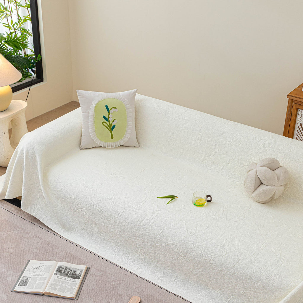 Cooling Embossed Botanical Couch Cover, Soft Ice Silk Furniture Protector for Sofa