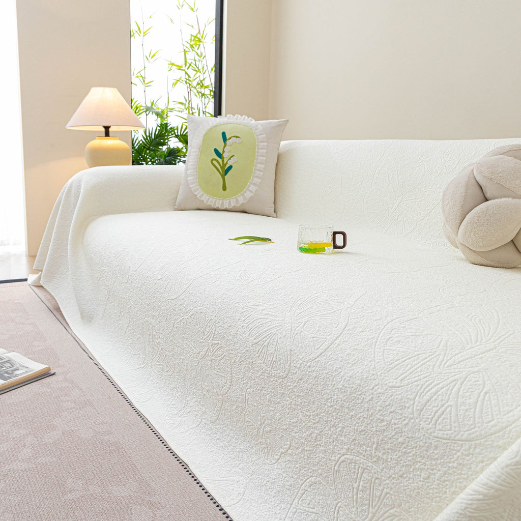 Cooling Embossed Botanical Couch Cover, Soft Ice Silk Furniture Protector for Sofa
