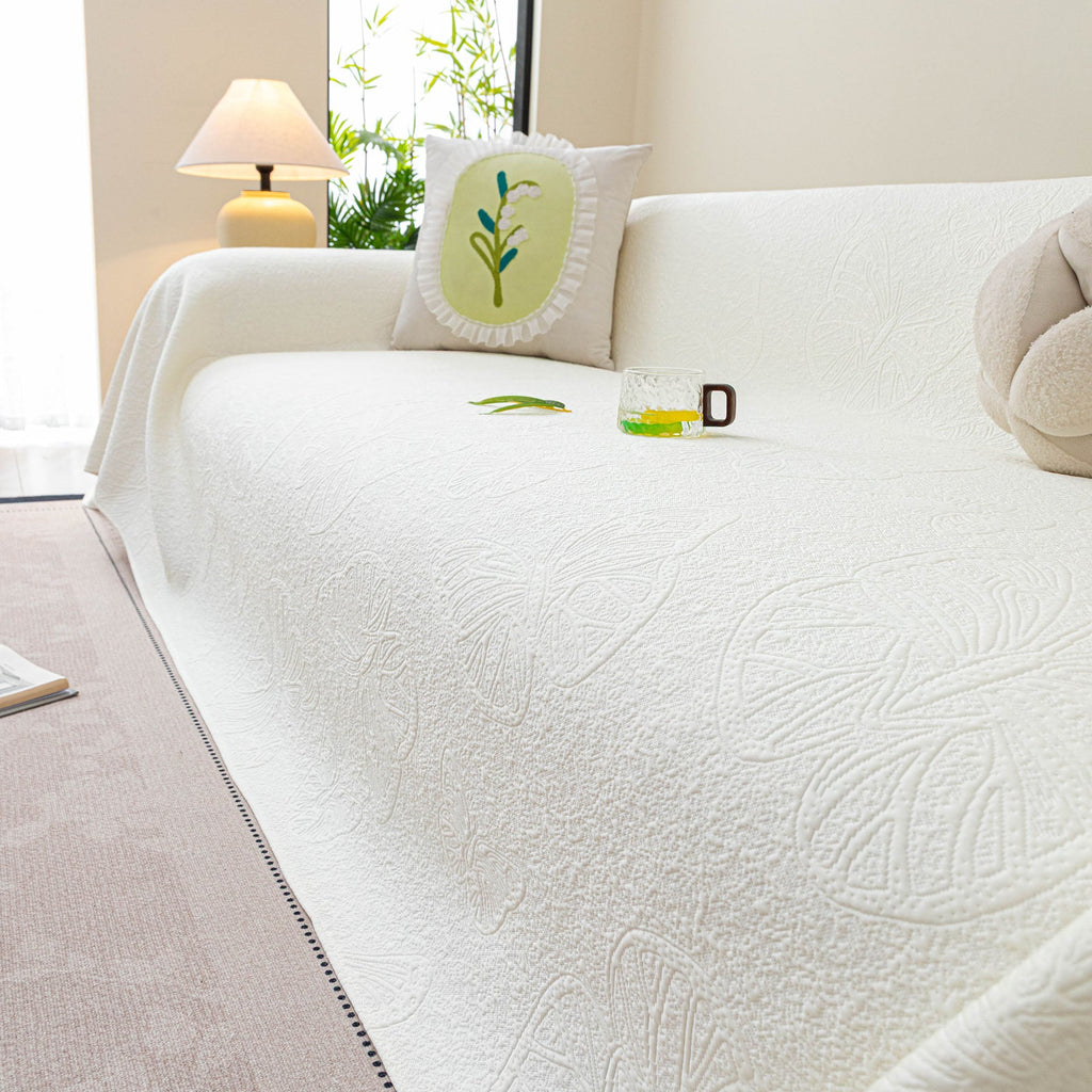 Cooling Embossed Botanical Couch Cover, Soft Ice Silk Furniture Protector for Sofa