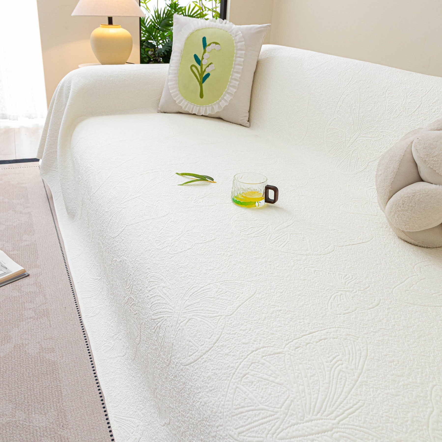 Cooling Embossed Botanical Couch Cover, Soft Ice Silk Furniture Protector for Sofa