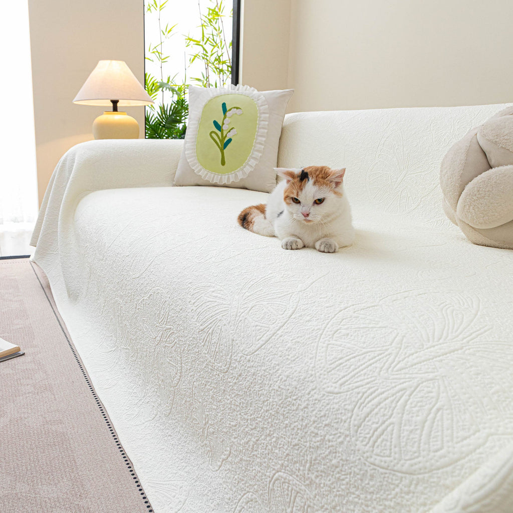 Cooling Embossed Botanical Couch Cover, Soft Ice Silk Furniture Protector for Sofa