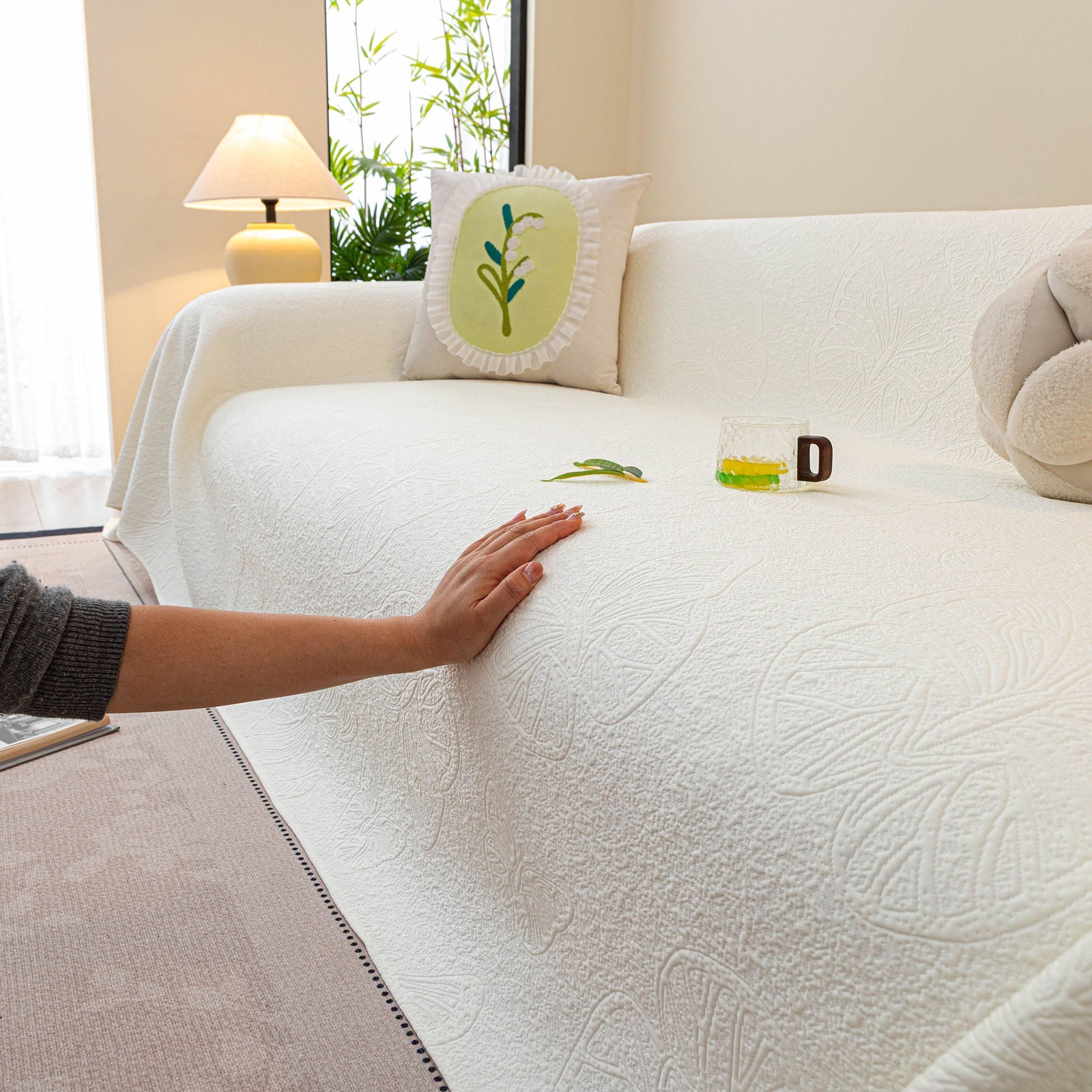 Cooling Embossed Botanical Couch Cover, Soft Ice Silk Furniture Protector for Sofa