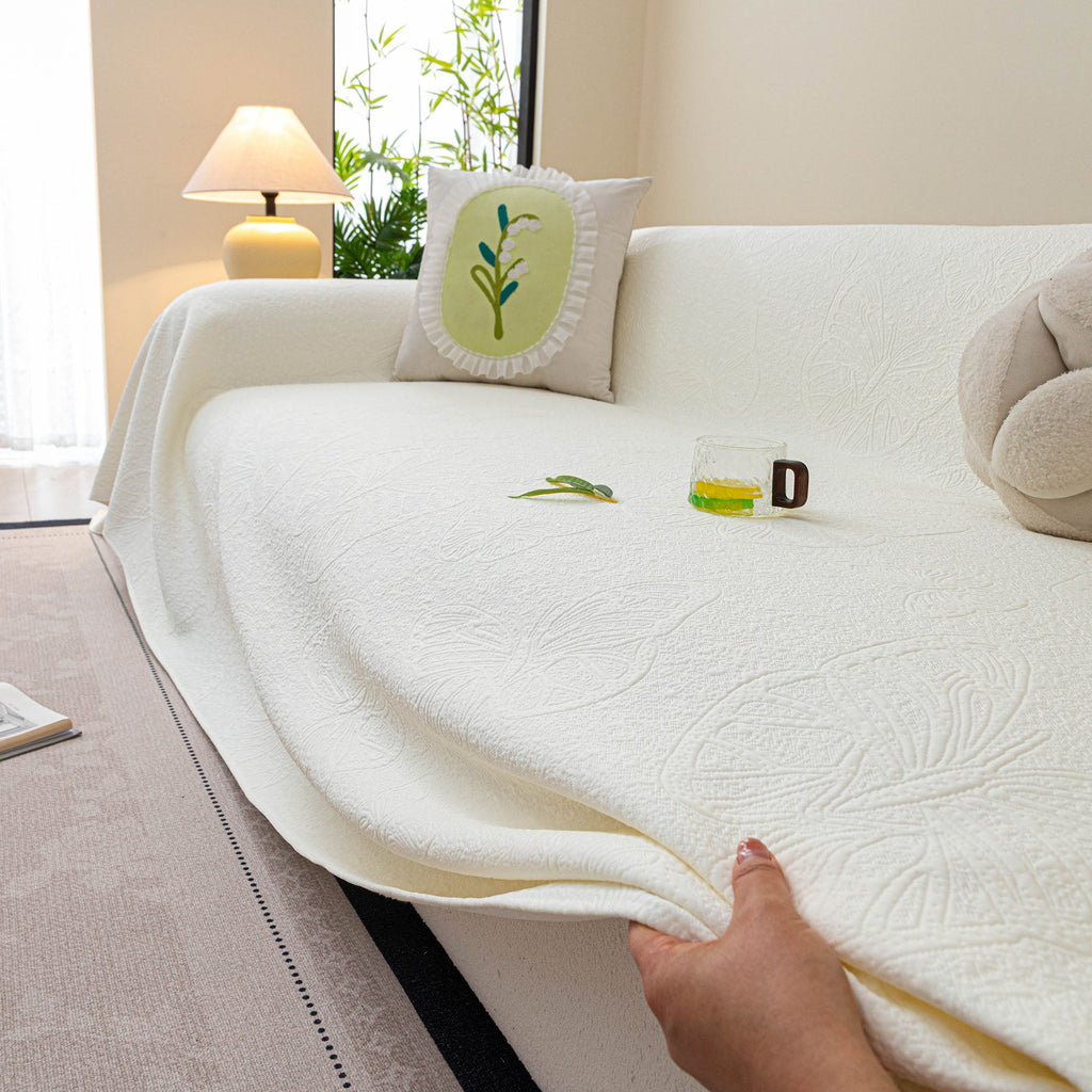 Cooling Embossed Botanical Couch Cover, Soft Ice Silk Furniture Protector for Sofa
