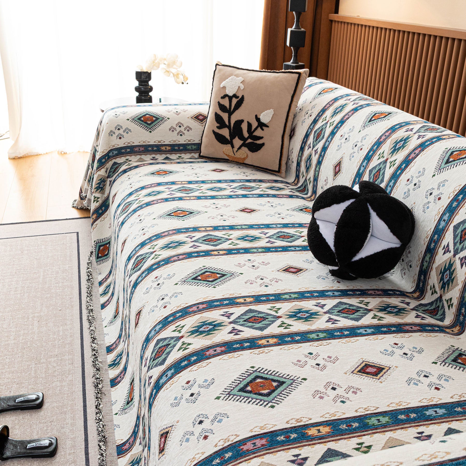 Southwestern Boho Woven Tribal Sofa Cover Blanket, Rustic Farmhouse Couch Throw Cover