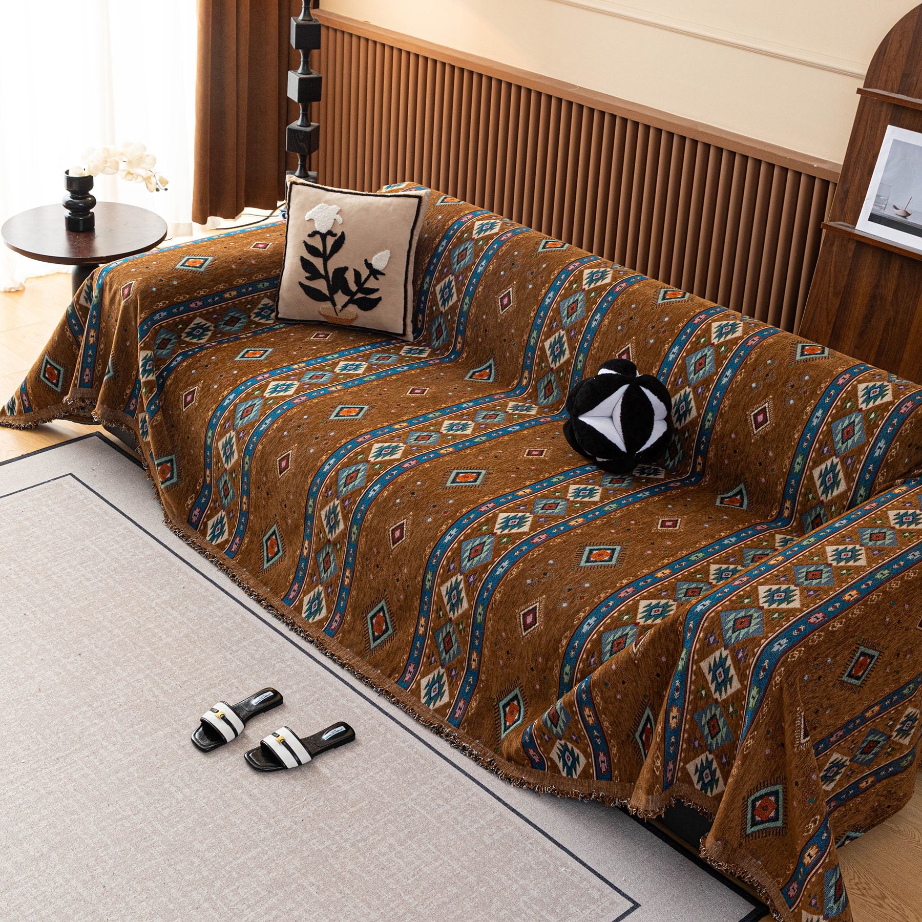 Southwestern Boho Woven Tribal Sofa Cover Blanket, Rustic Farmhouse Couch Throw Cover