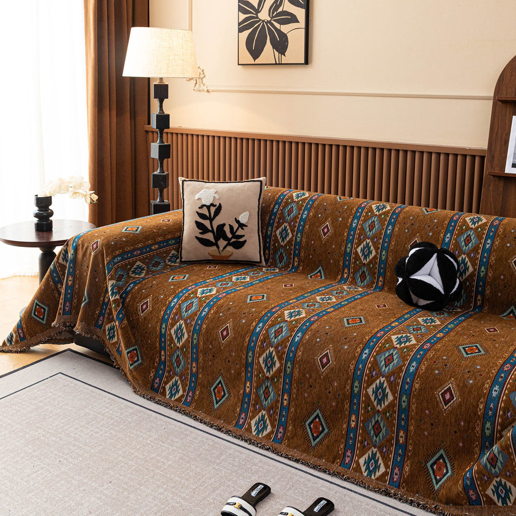 Southwestern Boho Woven Tribal Sofa Cover Blanket, Rustic Farmhouse Couch Throw Cover